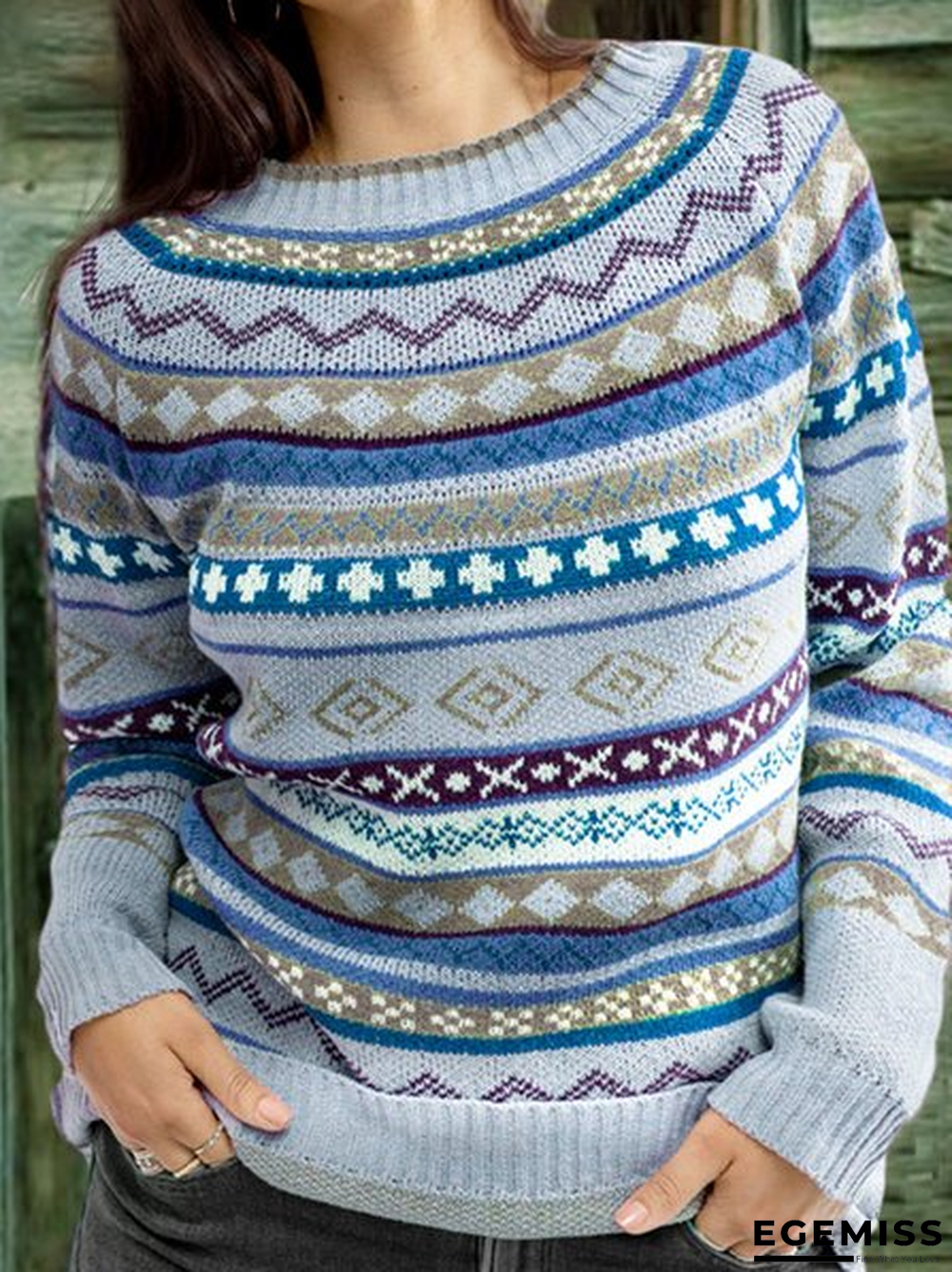 Color-Block Crew Neck Long Sleeve Geometric Sweater | EGEMISS