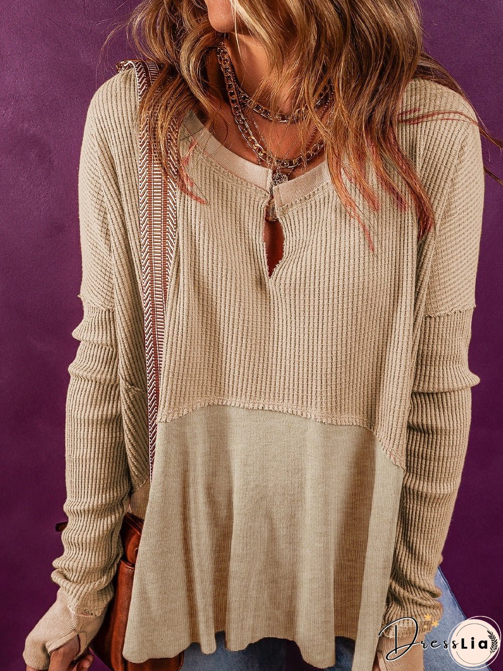 Light French Beige Waffle Knit Top with Exposed Seam Detail