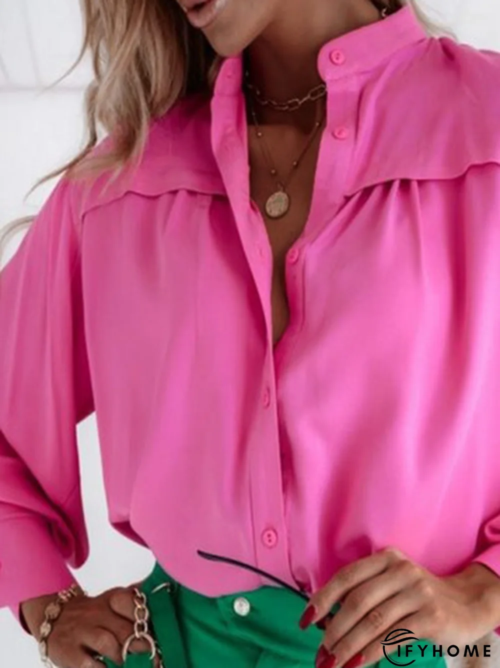 Plain Long Sleeve Buckle Stand Collar Casual Blouse | IFYHOME