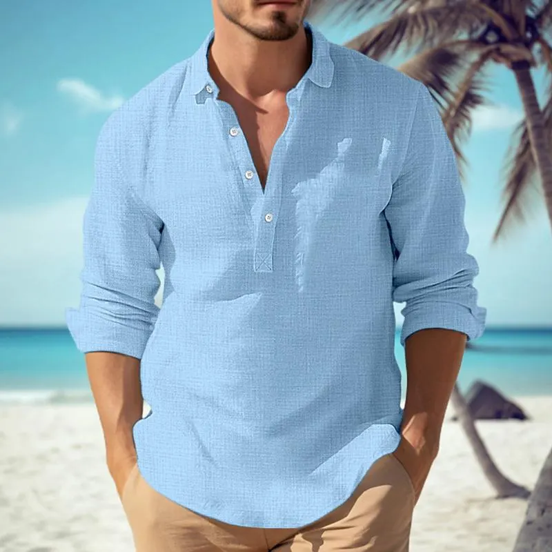 Men's Casual Solid Color Cotton Linen Blend Lapel Long-Sleeved Shirt 32189620M