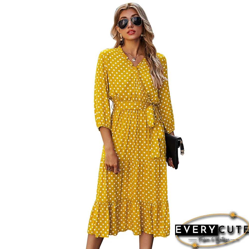 Yellow 3/4 Sleeve Polka Dot Ruffle Hem Maxi Dress