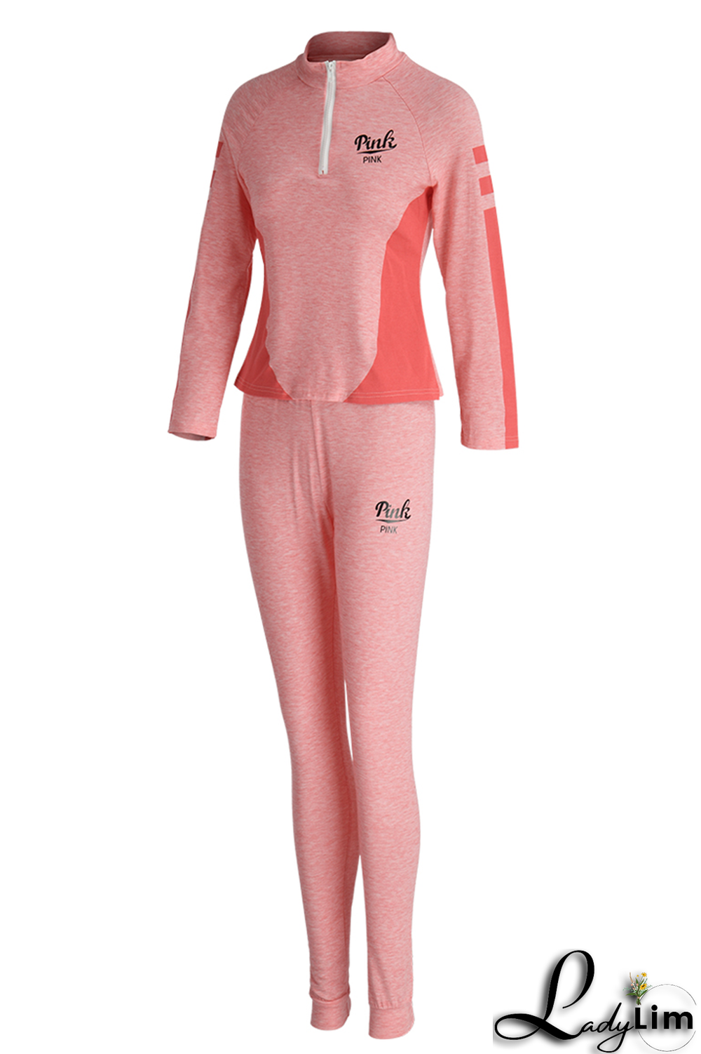 Pink Casual Print Patchwork Zipper Collar Long Sleeve Two Pieces