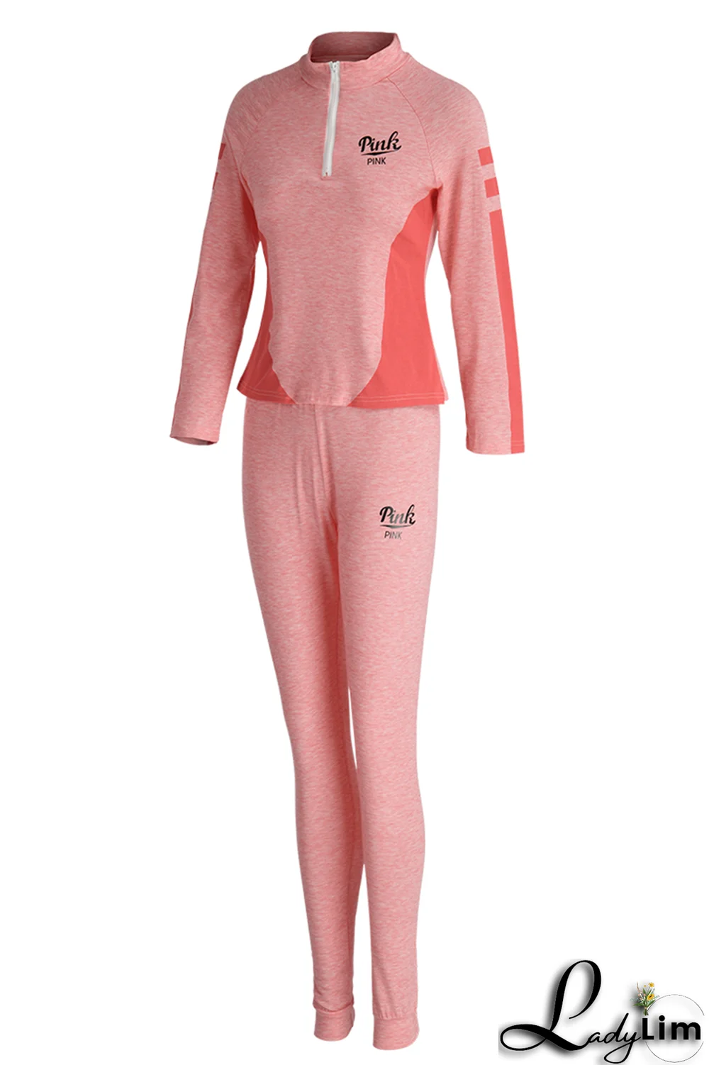 Pink Casual Print Patchwork Zipper Collar Long Sleeve Two Pieces