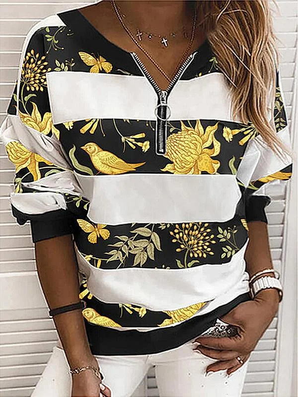 Women Long Sleeve Scoop Neck Zipper Printing Tops