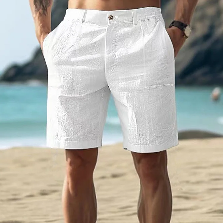 Vacation Solid Color Cotton and Linen Beach Casual Shorts