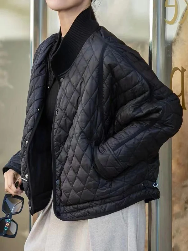 Long Sleeves Loose Quilted Solid Color Split-Joint Zipper Stand Collar Padded Coat