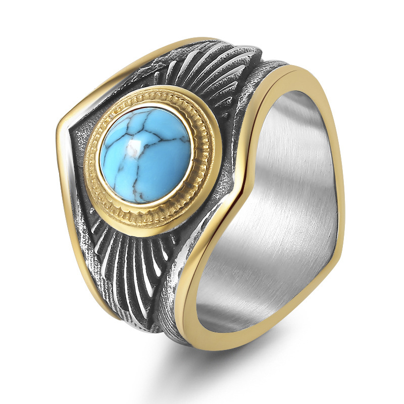 Retro blue turquoise personalized Indian style stainless steel ring