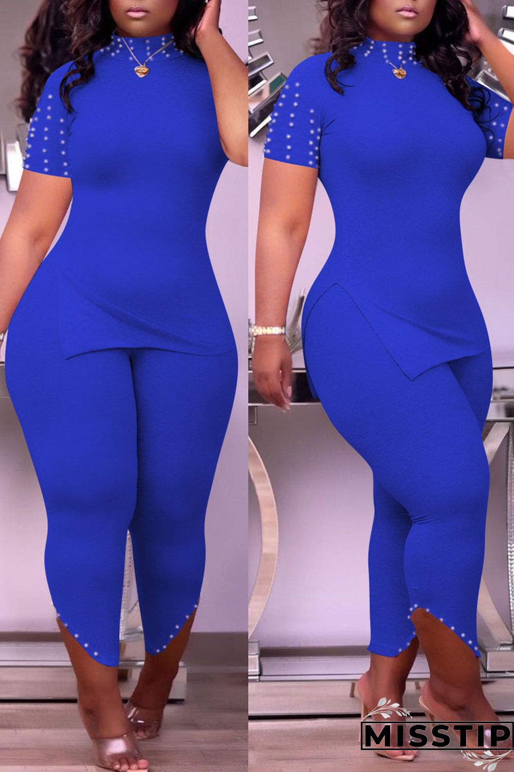 Burgundy Casual Solid Patchwork Slit Beading Half A Turtleneck Short Sleeve Two Pieces