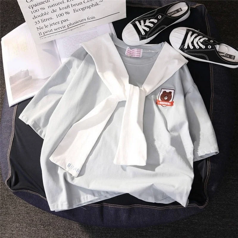 harajuku short-sleeve embroidery women clothes Korean tops t-shirt new summer bf sailor collar student oversized sweet t shirt