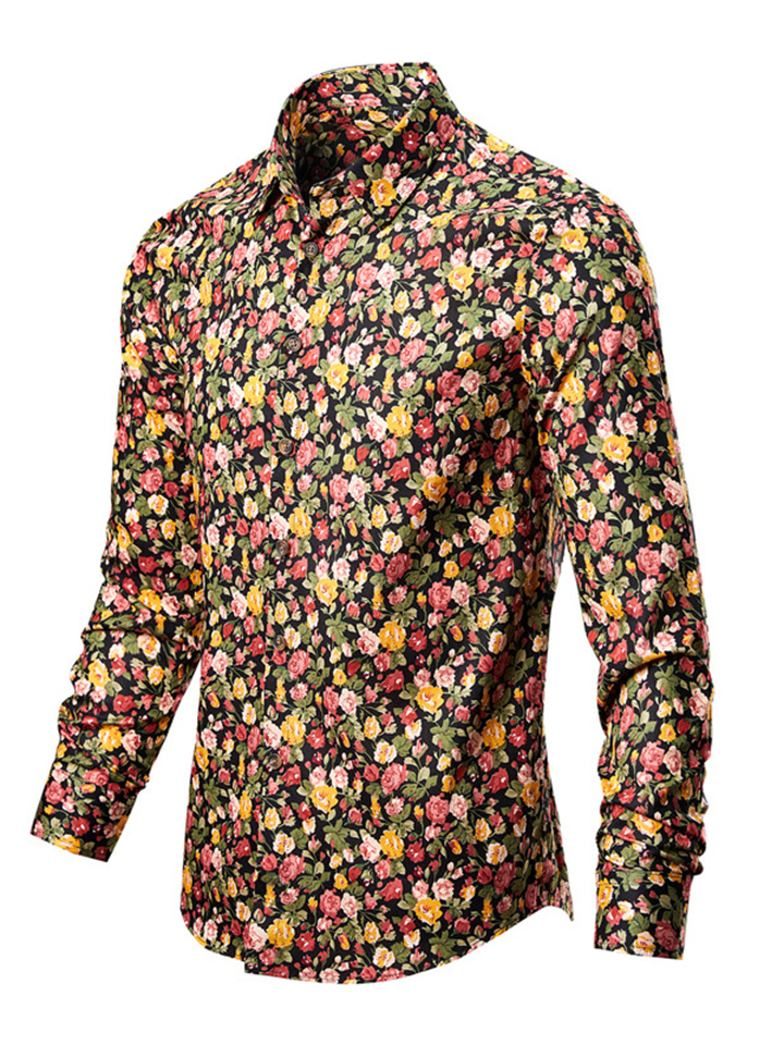 Men's Casual Flower Shirt Fashion Printing Slim Lapel Long-sleeved Shirt