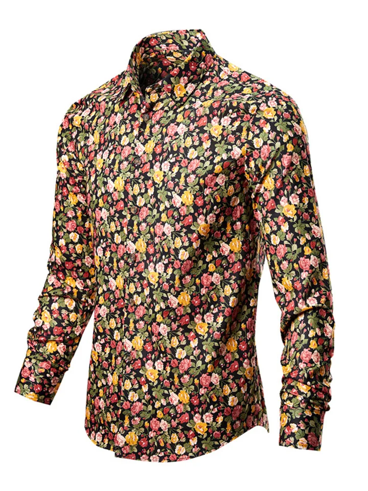 Men's Casual Flower Shirt Fashion Printing Slim Lapel Long-sleeved Shirt