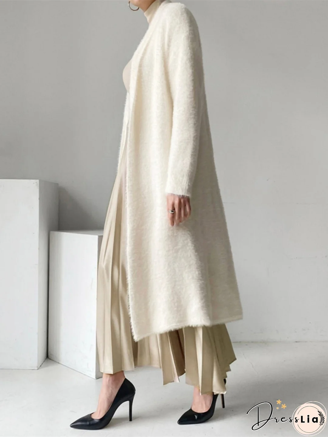 Long Length Fuzzy Knit Cardigan, Casual Open Front Long Sleeve Sweater, Women's Clothing