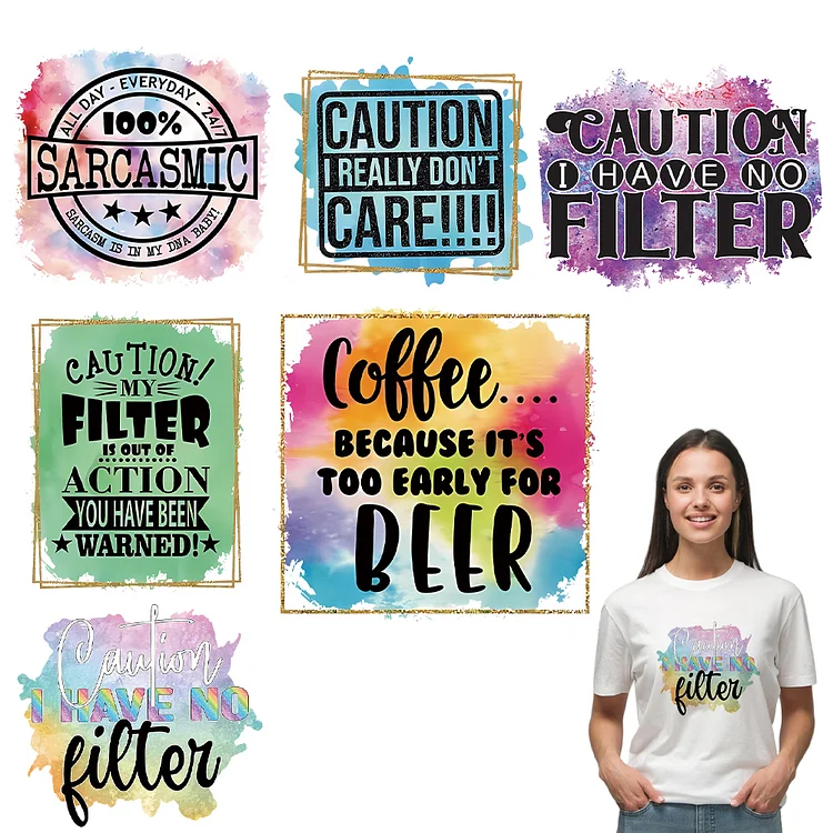6Sheets Heat Transfer Vinyl Patch Sticker Coffee Letters Decal Patch for T-Shirt