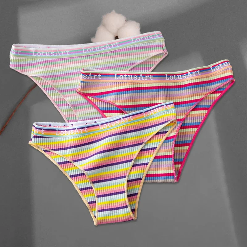 FINETOO 3Pcs/set Colorful Stripes Panties Women's Cotton Briefs M-XL Low-Rise Rainbow Underwear Ladies Underpants Girls Panties