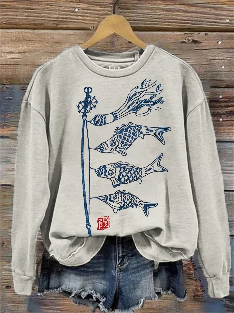 Women's Casual Carp Streamer Art Graphic Print Sweatshirt