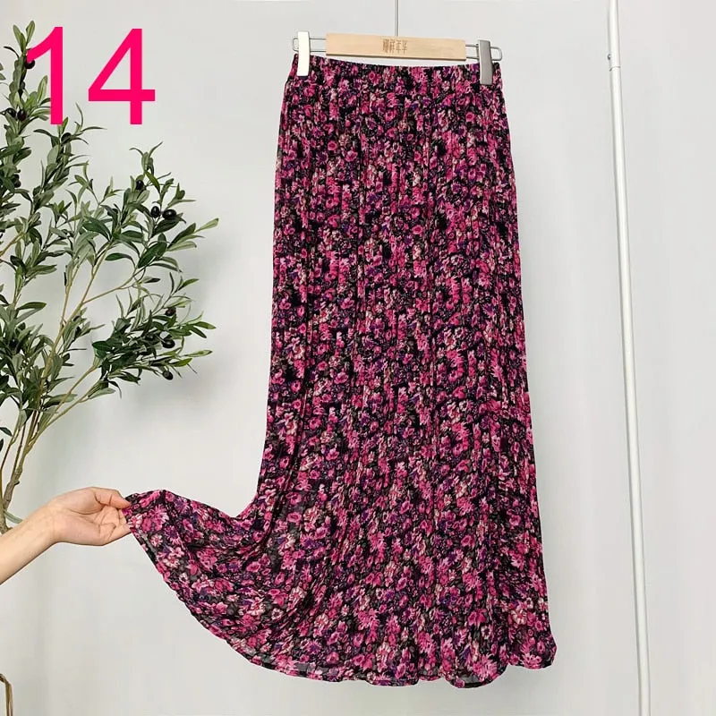 Summer Skirts Womens 2020 New Vintage Floral Print Chiffon Pleated Skirt Elastic High Waist Casual Midi Skirt Women Clothes Jupe