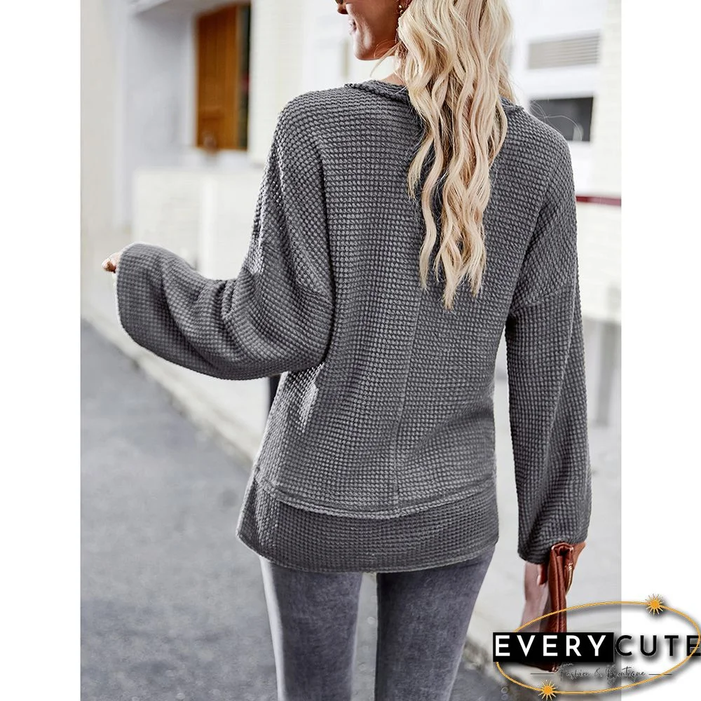 Gray V Neck Waffle Pocket Long Sleeve Tops