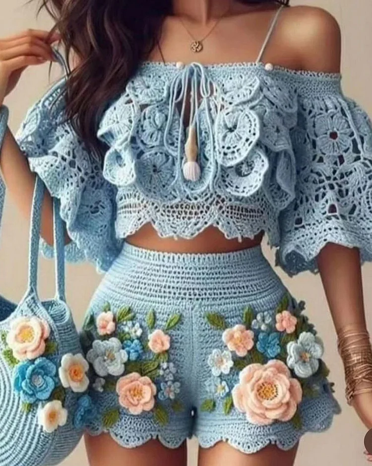 Sweet Crocheted Floral Top and Shorts Two-Piece Set