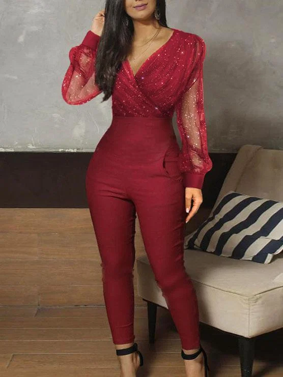 Sequins paneled v-neck long sleeves   jumpsuit-zachics