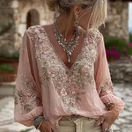 Women's Vintage Pink Floral Embroidered Art Pattern V-neck Long Sleeve Blouse - Image 2