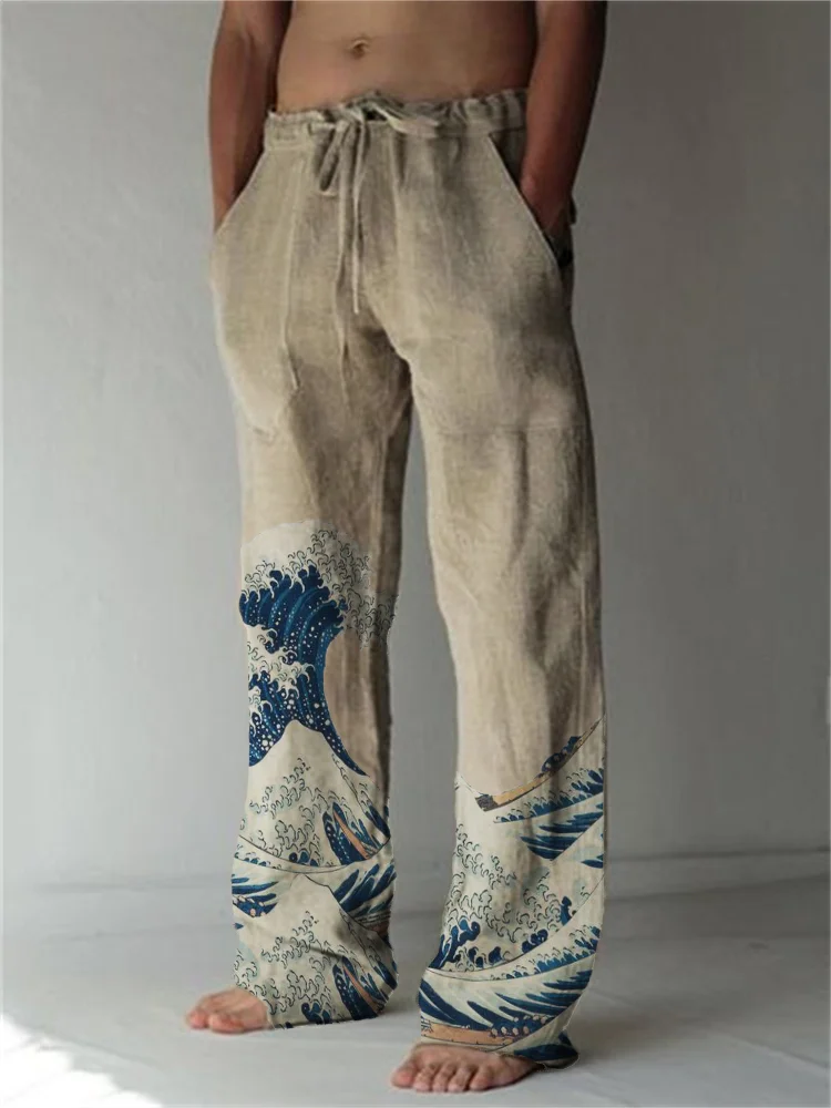 VChics Great Wave Japanese Art Linen Blend Casual Pants