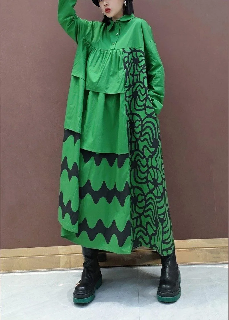 Vivid Lapel Asymmetric Spring Quilting Dresses Tunic Green Print Plus Size Dress