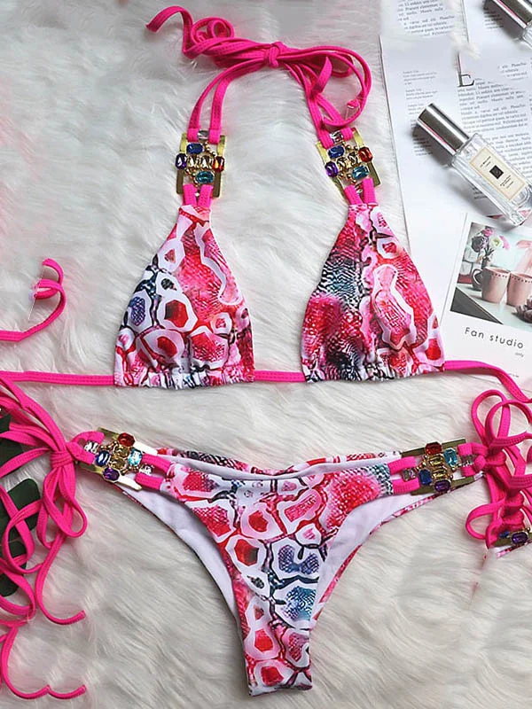 Beaded Decorated Leopard Backless Triangles Tie Side Bikini Swimwear