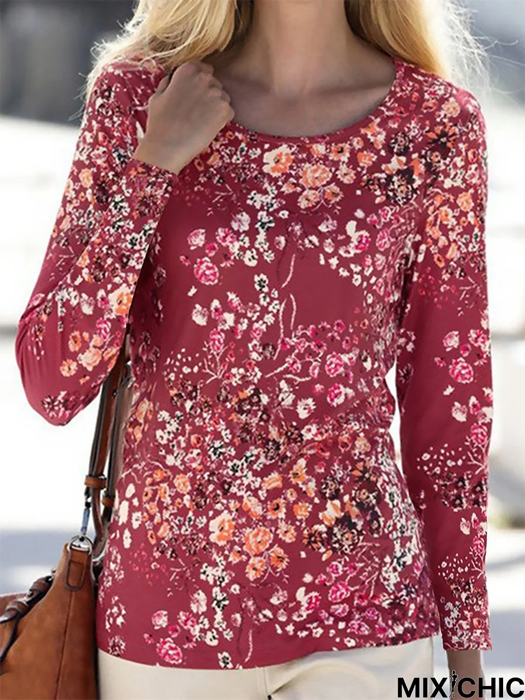 Floral Long Sleeve Crew Neck Casual Tunic T-Shirt