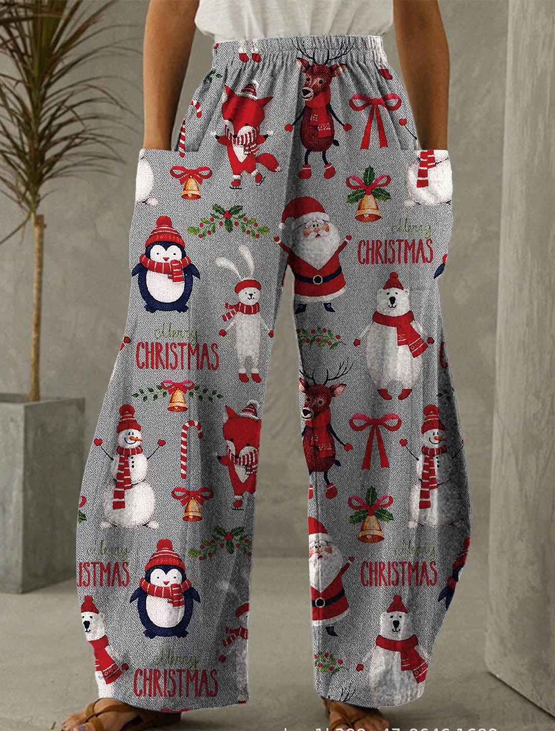 Christmas Grey Print Casual Pants