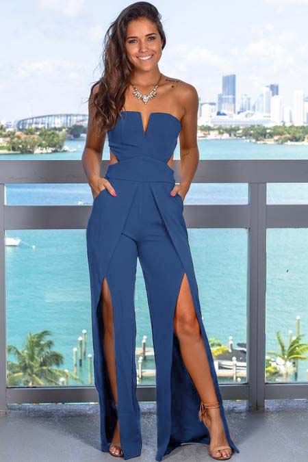  Chic Black Jumpsuit  Strapless Sleeveless Cutout Slit Long Wide Leg JP0007