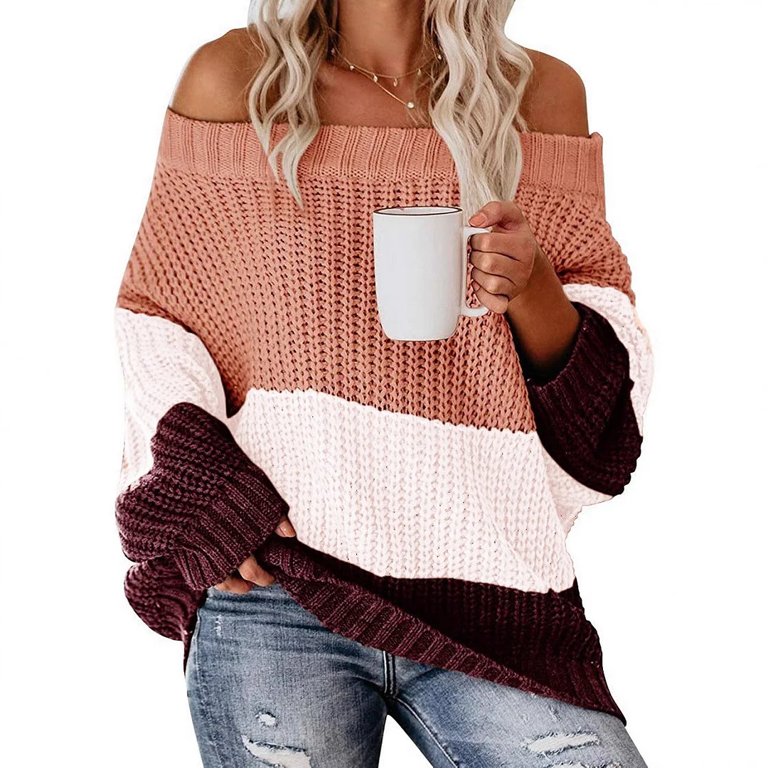 Wongn Wongn And Winter Women's One Word Collar Loose Splicing Color Knit Jumper Sweater Women