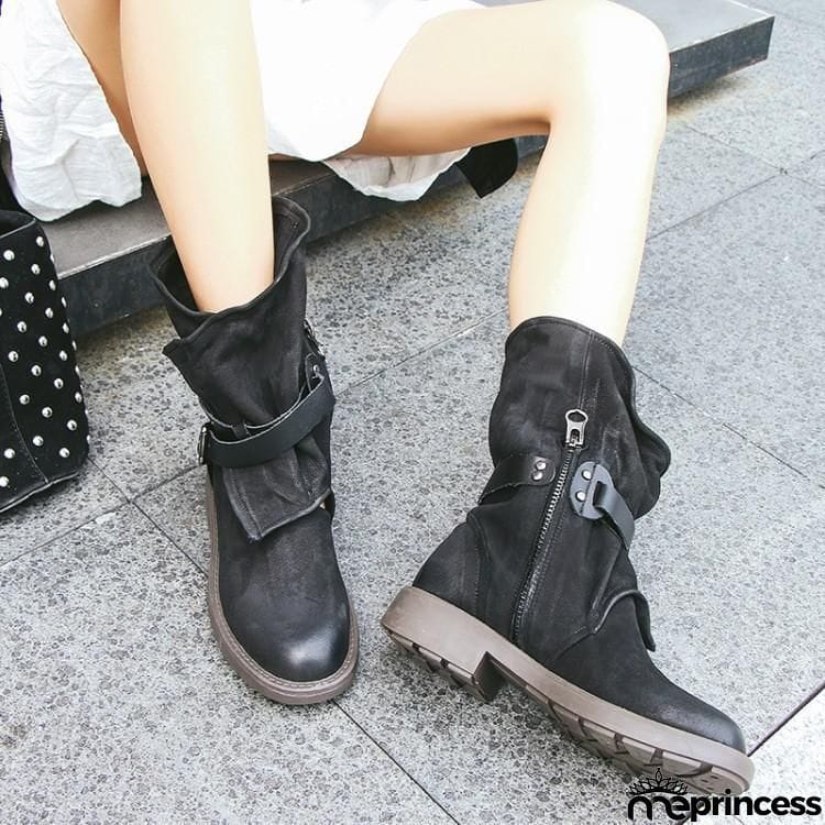 Women's Plus Size Adjustable Buckle Mid-Calf Motorcycle Boots
