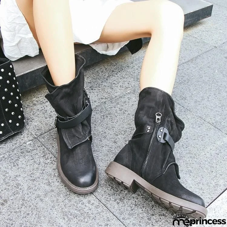 Women's Plus Size Adjustable Buckle Mid-Calf Motorcycle Boots