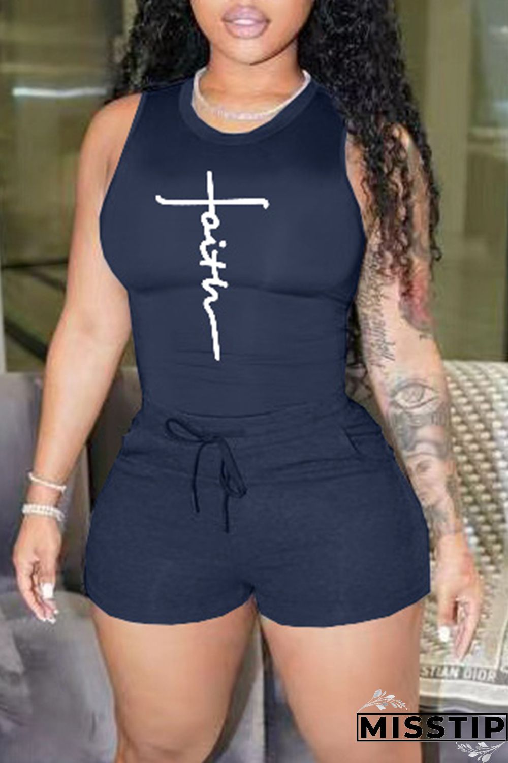 Blue Fashion Casual Sportswear Print Basic O Neck Sleeveless Two Pieces