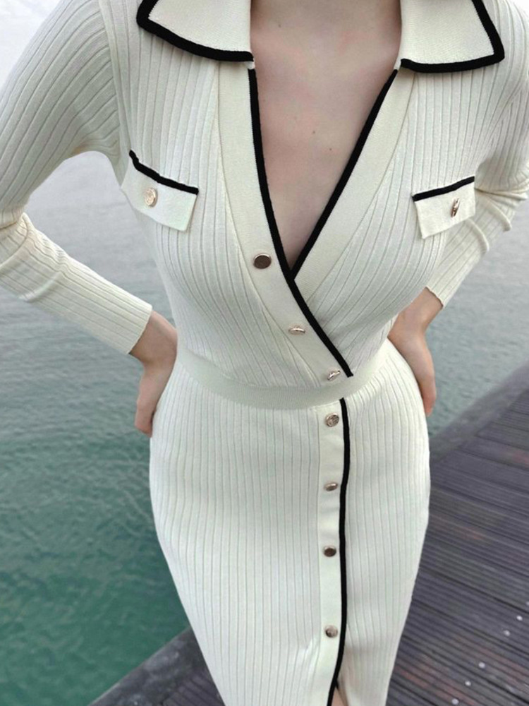 Ootddress White Patchwork Knit Maxi Dress For Women Slim Lace-Up High Waist Split Elegant Party Dress Fashion Lapel Knitwear Dress