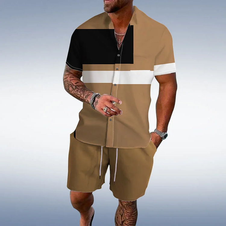 BrosWear Causal  Asymmetric Geometric Khaki Printed Shirt And Shorts Co-Ord