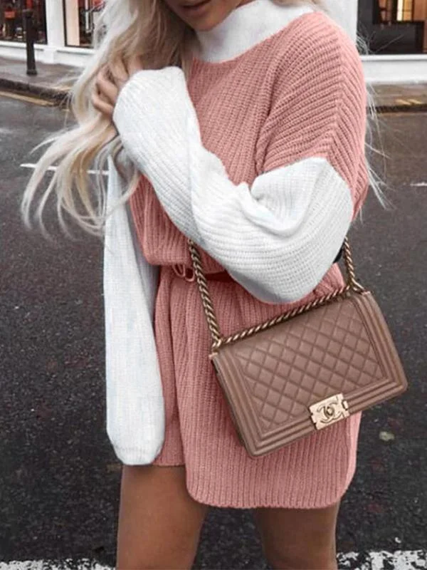 Two-color stitching mid-length dress knitted sweater women