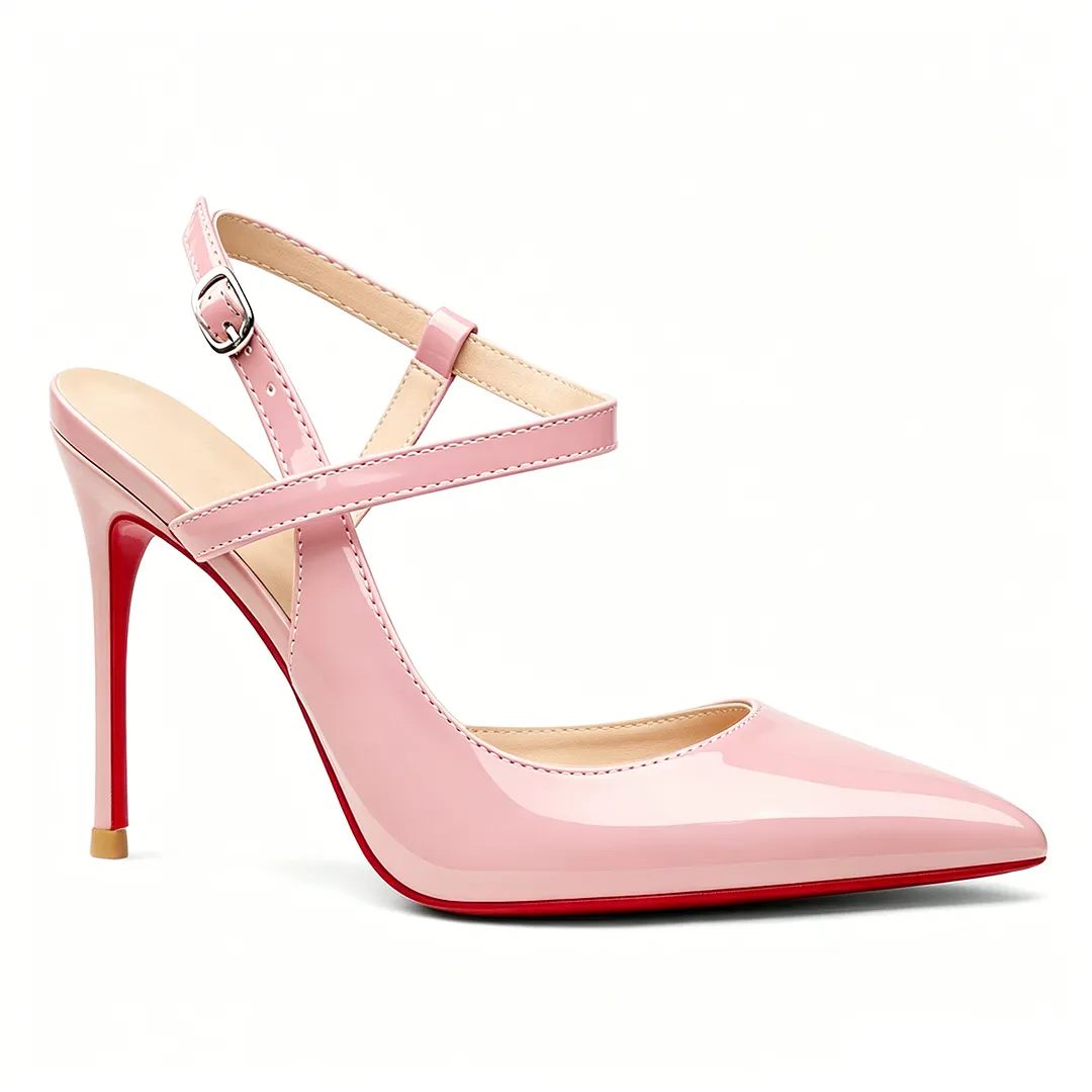 100mm Women Slingback Patent Pumps Ankle Strap Jenlove Stiletto Mid Heel Close Pointed Toe Dress Red Bottoms Shoes