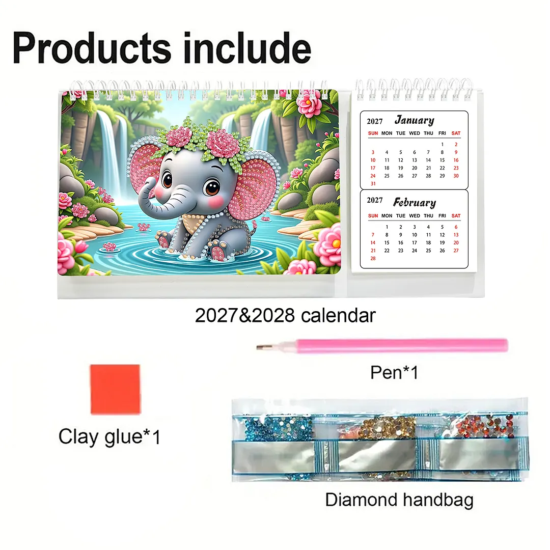 Elephant Diamond Art Monthly Flip Tabletop Calendar January 2027 - December 2028 Small Desktop Calendar Planner 24 Months for Living Room Bedroom Office Desk Gift Giving