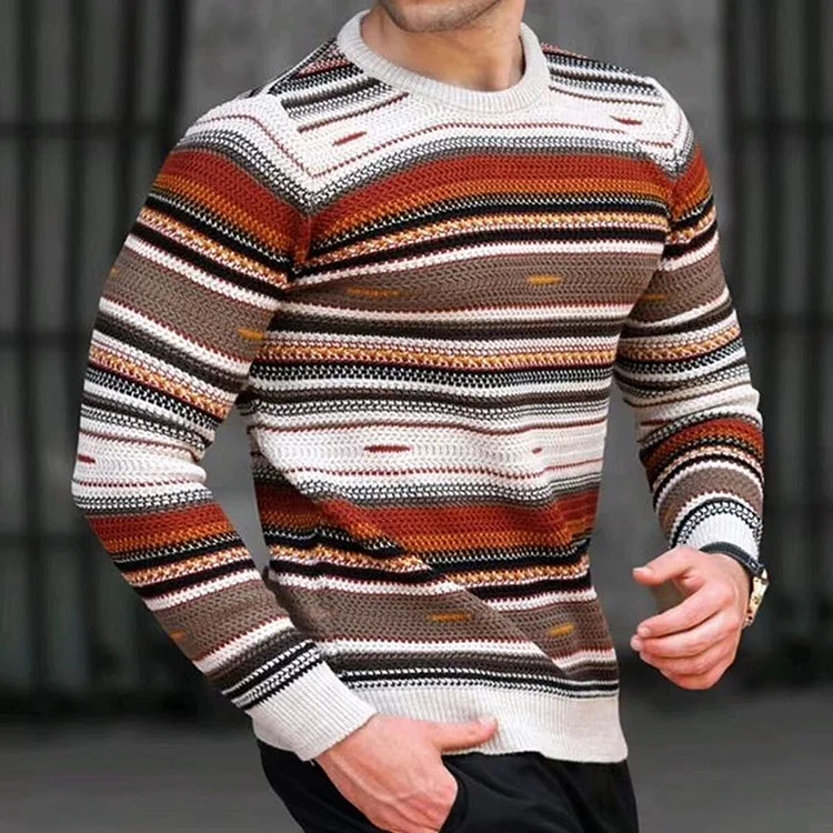 Casual Waffle Striped Colorblock Crew Neck Long Sleeve Knit Sweater