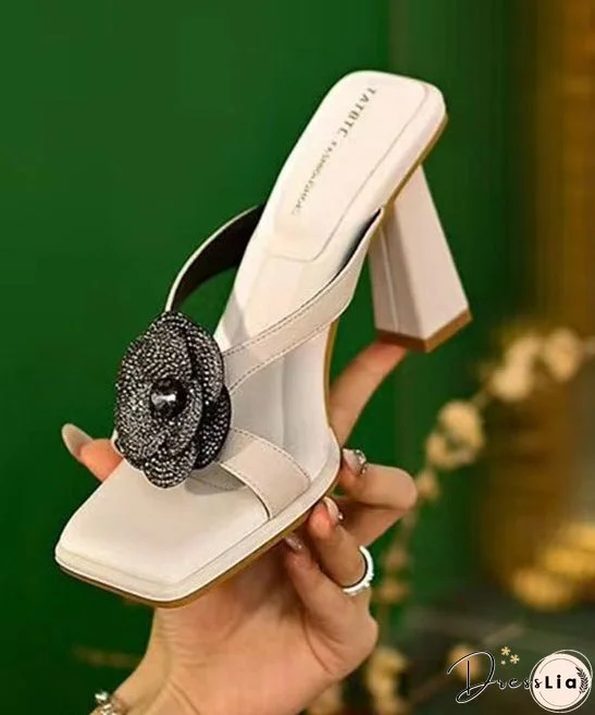 Stylish Black Chunky Heel Slide Sandals Peep Toe