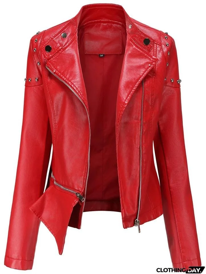 Women's Fashion Solid Color Stand Collar PU Jackets