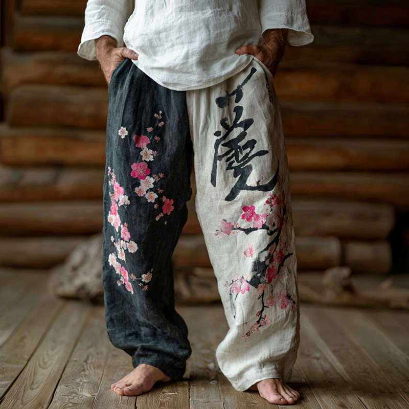 Men's Retro Japanese Floral Art Print Linen Casual Pants  artssus