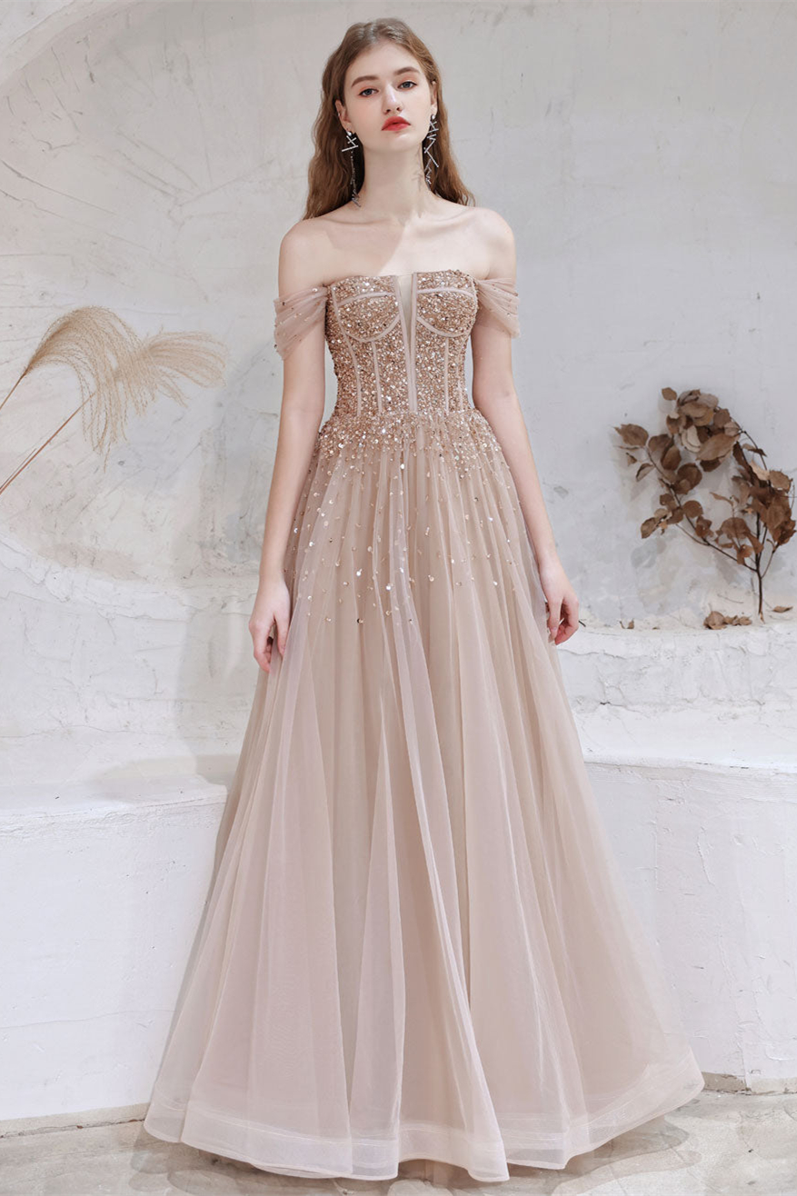 Gorgeous Off-the-Shoulder Tulle Prom Dress With Sequins Lace-Up - lulusllly