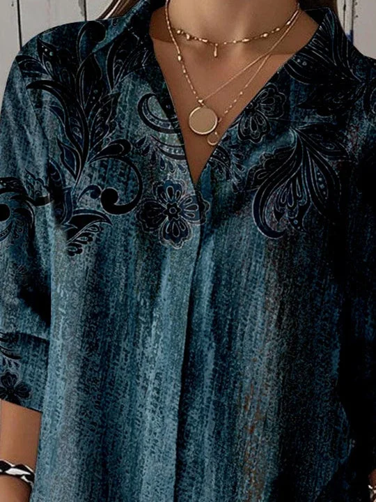 Women 3/4 Sleeve Shirt Collar Floral Printed Graphic Button Tops