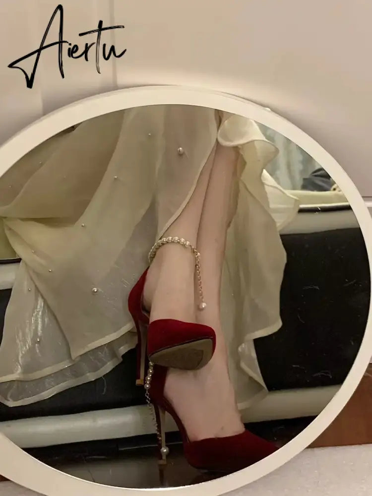 Aiertu Pointed Toe Fine High Heel Women's Shoes Metal Buckle Strap Sexy Women's Shoes Wedding Shoes Bridal Bridesmaid Shoes Red Heels Aiertu