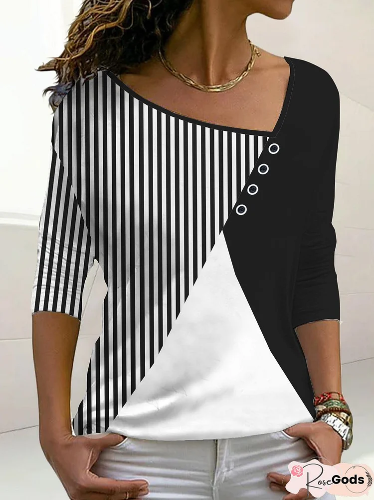 Plain Color Block Stripe Loose Button Top T-Shirt Plus Size