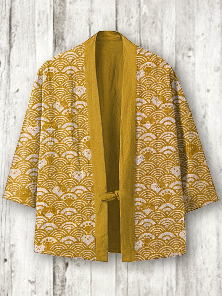 Vintage Japanese Cats Print Cozy Linen Blend Kimono Cardigan