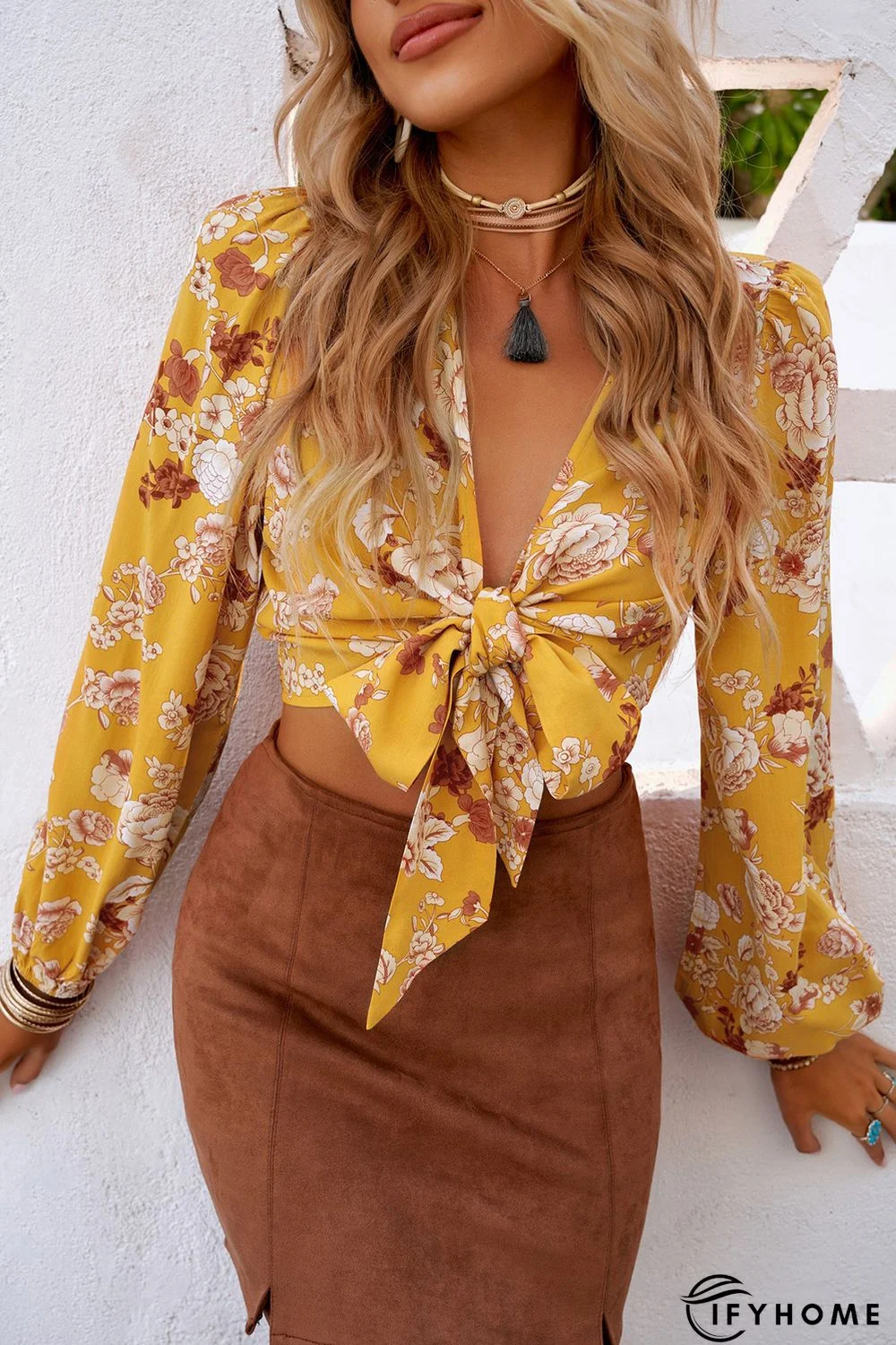 Yellow Floral Print Bow Knot Long Sleeve Crop Top | IFYHOME