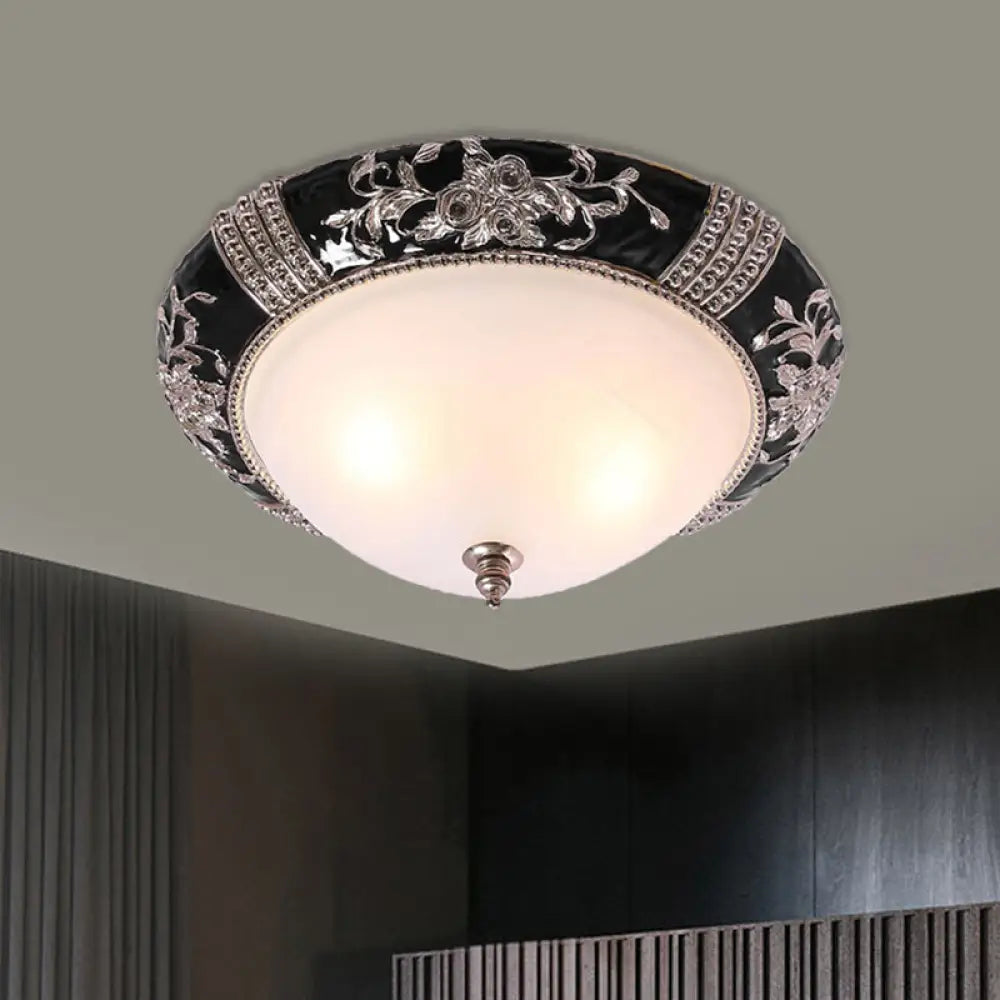 Nordic Style Carved Rose Ceiling Flush Mount - Black Finish 3 Lights Dome White Glass Shade / 14&rsquo;